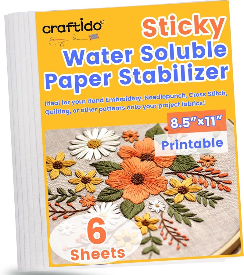 craftido 8.5"x11" 6PCS Sticky Water Soluble Embroidery Stabilizer Printable Dissolving Paper Medium Weight Allowed for Print or Draw Patterns Best for Hand & Machine Embroidery - Image 1